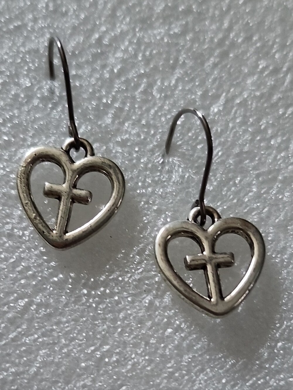 Hand Crafted Silver Heart Cross Drop Earrings